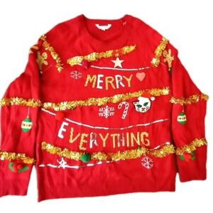 No Boundaries Ugly Christmas Sweater Merry Everything Women's XXL Cat Bling